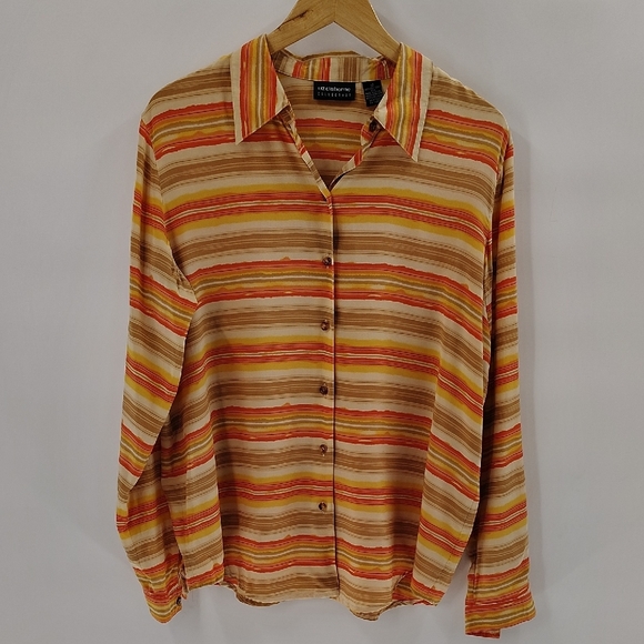 Liz Claiborne Button Up Blouse Size 12 Tan Orange Watercolor Stripe Long Sleeve - Picture 1 of 9
